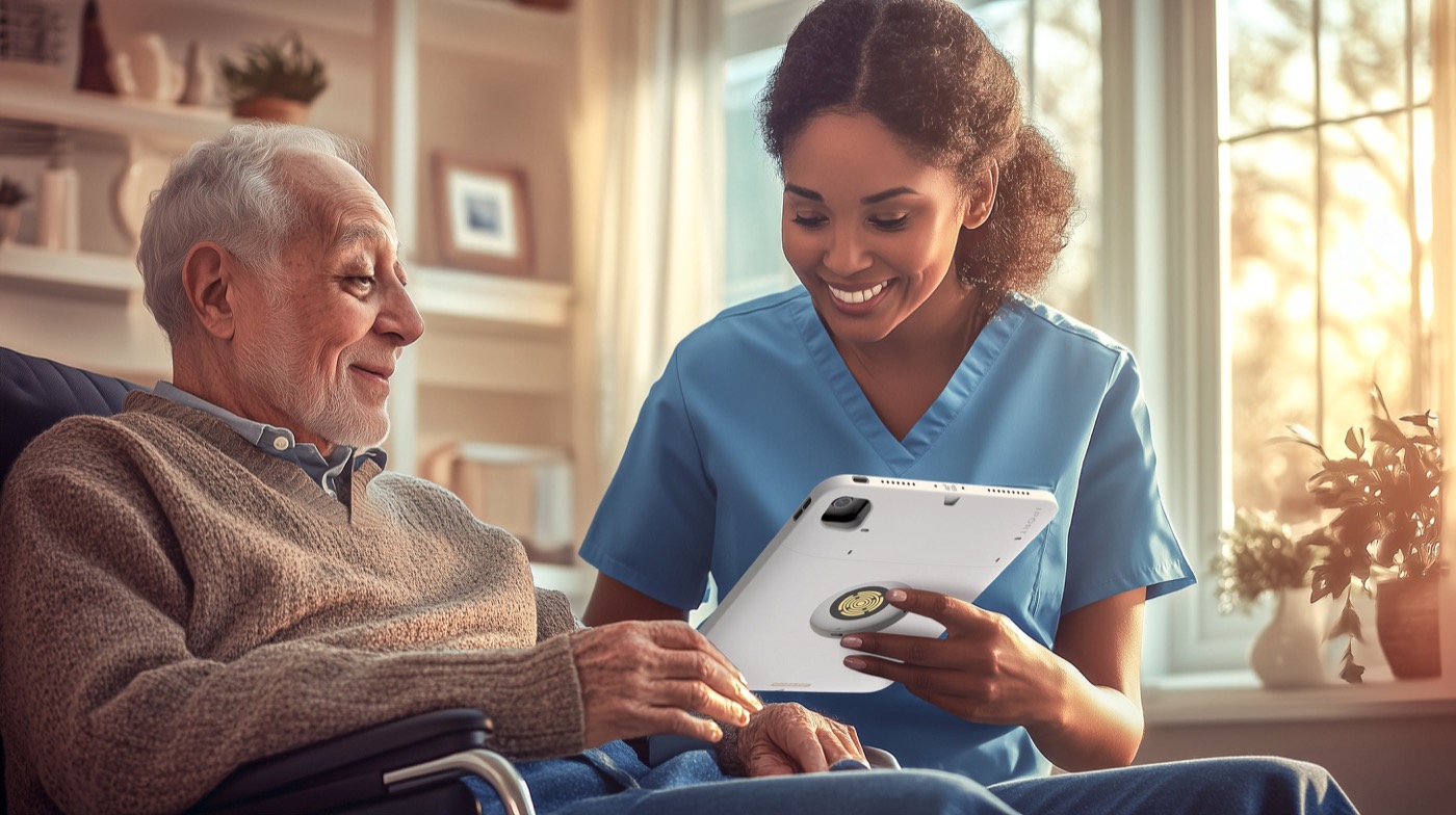 A care worker holding an iPad in a white IPORT case, the round magnetic charging contact visible on the back