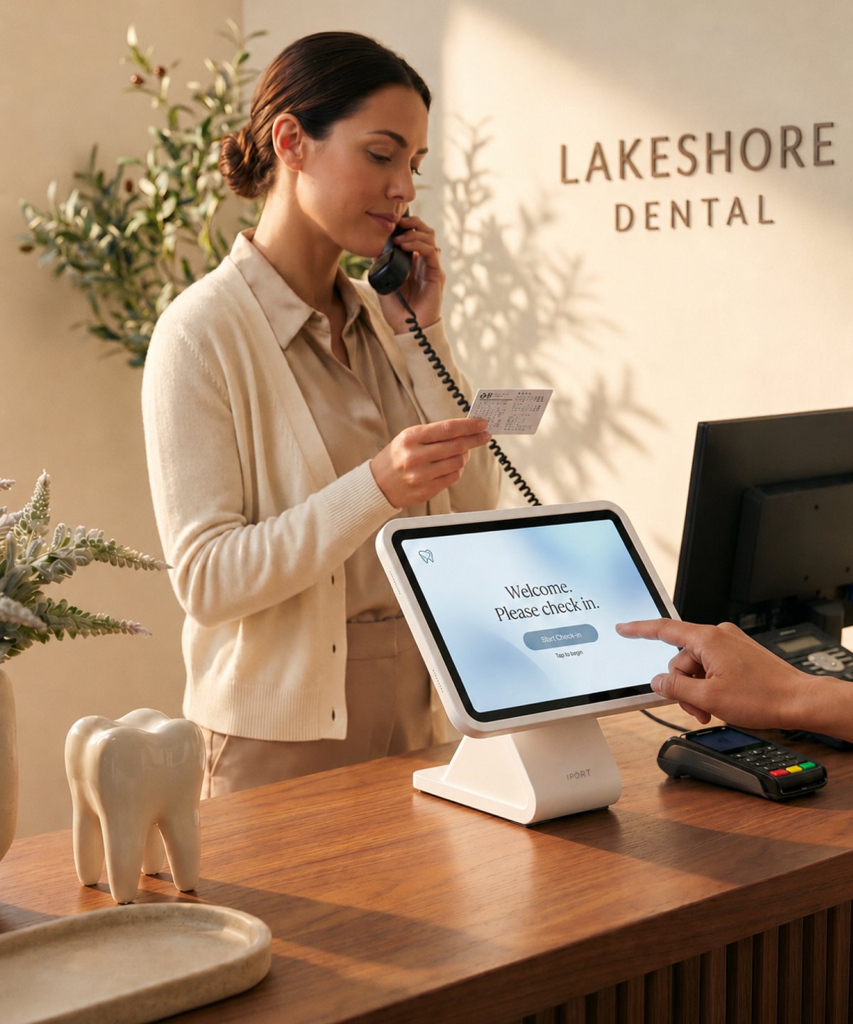 A receptionist on the phone at a practice front desk while a patient checks in on an iPad in an IPORT base