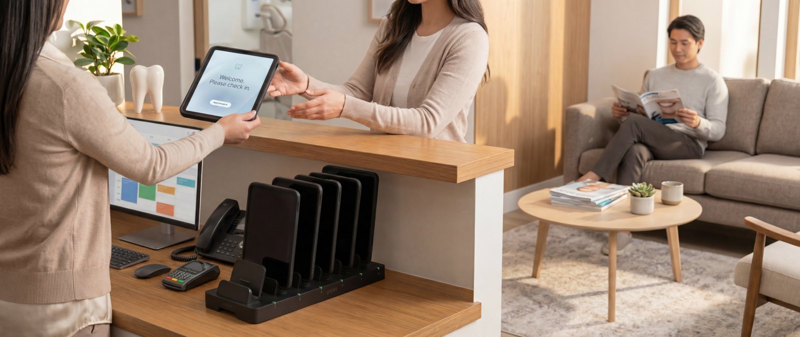 A practice front desk with a bank of iPads charging in an IPORT MultiDock below the counter
